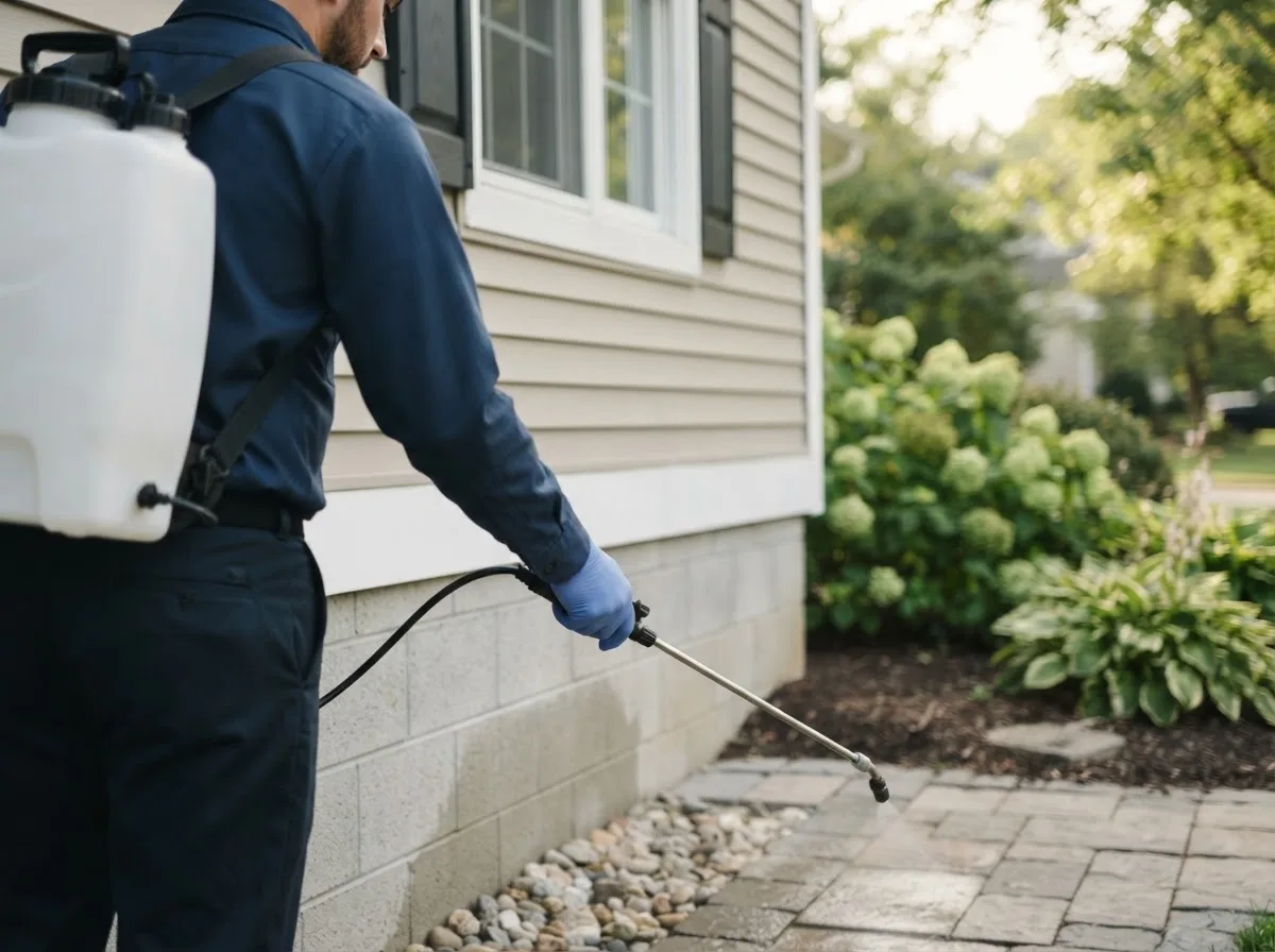 Pest control technician inspecting a home in Smithland, IA